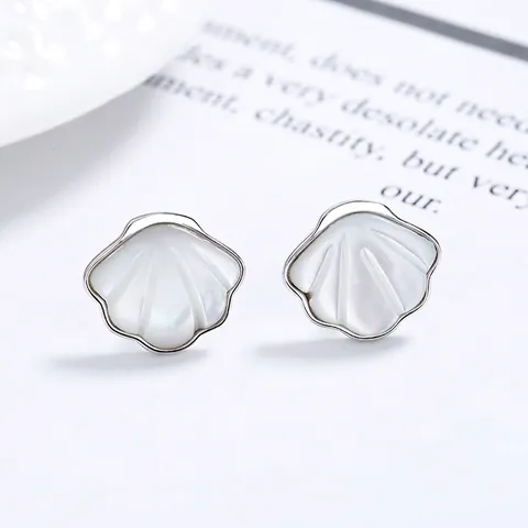 925 Argento Sterling Conchiglia Orecchini a Bottone Donna Minimalista a Forma di Ventaglio Madreperla Bianca Gioielli