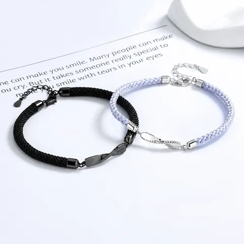 Pulsera de Pareja Möbius de Plata de Ley 925 Cuerda Tejida a Mano Strass Pulsera Ajustable Minimalista Regalo de Joyería de San Valentín