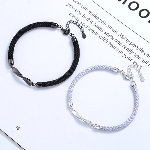 Pulsera de Pareja Möbius de Plata de Ley 925 Cuerda Tejida a Mano Strass Pulsera Ajustable Minimalista Regalo de Joyería de San Valentín