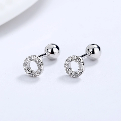 Boucles d'Oreilles Clous Cercle Géométrique à Vis en Argent Sterling 925 pour Femme Petits Zirconia Blancs Minimalistes