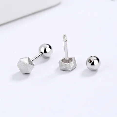 925 Sterling Silver Brushed Hexagon Stud Earrings For Women Minimalist Geometric Screw Back Small Ear Jewelry Silver Accessories