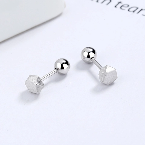 925 Sterling Silver Brushed Hexagon Stud Earrings For Women Minimalist Geometric Screw Back Small Ear Jewelry Silver Accessories