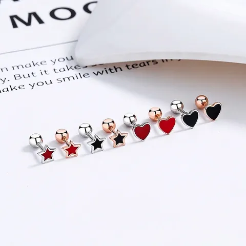 925 Sterling Silver Heart Star Stud Earrings Enamel Screw Ball Back Anti Loss Ear Bone Studs Rose Gold Silver Plated Jewelry