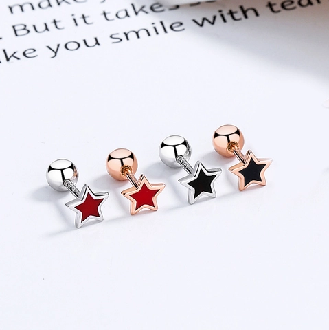 925 Sterling Silver Heart Star Stud Earrings Enamel Screw Ball Back Anti Loss Ear Bone Studs Rose Gold Silver Plated Jewelry