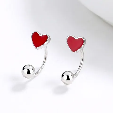 925 Sterling Silver Enamel Red Heart Stud Earrings For Women Minimalist U Shaped Screw Back Ball Earrings Fashion Jewelry