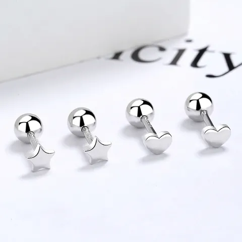 Orecchini a Bottone in Argento Sterling 925 a Forma di Stella e Cuore per Donna Chiusura a Vite a Sfera Minimalisti Gioielli Chic