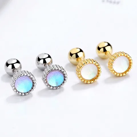 925 Sterling Silver Round Moonstone Screw Back Stud Earrings Geometric Iridescent Ear Bone Studs Minimalist Jewelry For Women