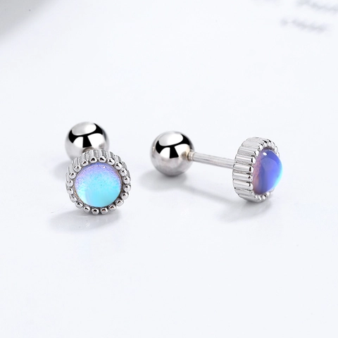 925 Sterling Silver Round Moonstone Screw Back Stud Earrings Geometric Iridescent Ear Bone Studs Minimalist Jewelry For Women