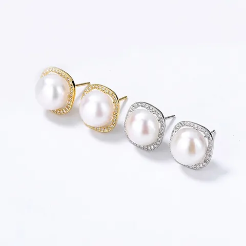 Boucles d'Oreilles Clous en Argent Sterling 925 Perle d'Eau Douce Naturelle Carré Halo Strass Bijoux pour Femmes