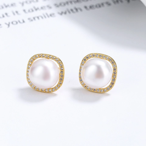 Boucles d'Oreilles Clous en Argent Sterling 925 Perle d'Eau Douce Naturelle Carré Halo Strass Bijoux pour Femmes