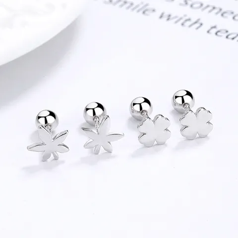 Minimalist 925 Sterling Silver Lucky Four Leaf Clover Maple Leaf Stud Earrings For Women Girl Screw Back Agate Rhinestone Earring