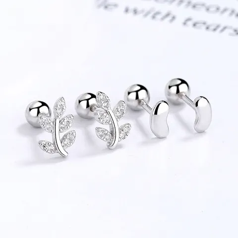 925 Sterling Silver Leaf Bean Stud Earrings For Women Minimalist Rhinestone Screw Back Piercing Hypoallergenic Fashion Jewelry