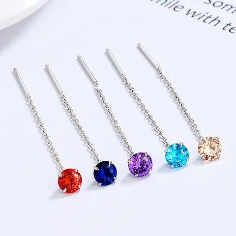 925 Argento Sterling Nappa Lunga Orecchini Elegante Quattro Griffe Rotondi Strass Orecchini per Donna Gioielli