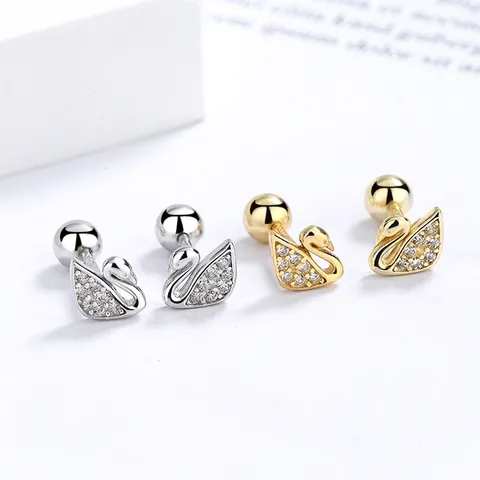 Orecchini a Bottone a Forma di Cigno in Argento Sterling 925 Con Chiusura a Vite Eleganti Orecchini con Strass per Donna