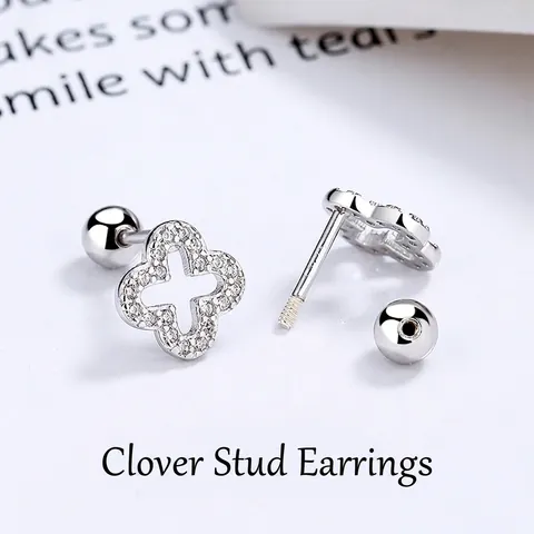 Pendientes de Botón de Plata de Ley 925 con Forma de Trébol de Cuatro Hojas para Mujer Trébol de la Suerte Strass Cierre de Rosca Joyería Minimalista Regalo