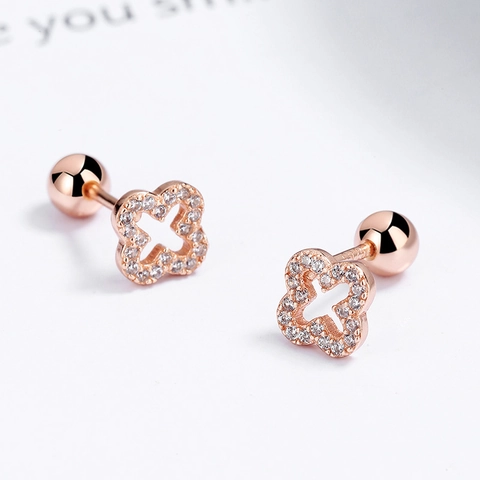 Pendientes de Botón de Plata de Ley 925 con Forma de Trébol de Cuatro Hojas para Mujer Trébol de la Suerte Strass Cierre de Rosca Joyería Minimalista Regalo