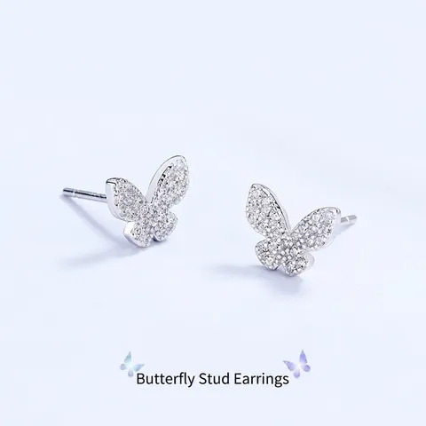 Boucles d'Oreilles Clous Papillon en Argent Sterling 925 pour Femmes Incrustées de Strass Or Argent Électroplaqué Bijoux Mode