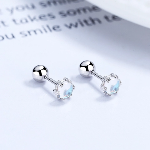 S925 Sterling Silver Round Moonstone Stud Earrings Minimalist Screw Back Earrings For Women Korean Style Sleep Friendly Jewelry