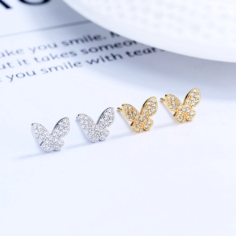 Boucles d'Oreilles Clous Papillon en Argent Sterling 925 pour Femmes Incrustées de Strass Or Argent Électroplaqué Bijoux Mode