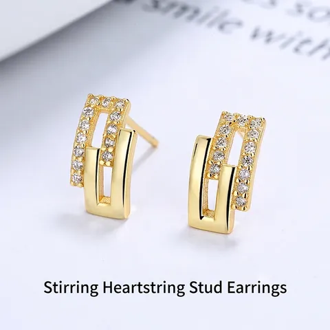 Orecchini a Bottone a Doppio Rettangolo Geometrico Perno in Argento Sterling 925 Stile Francese Strass Intarsiato Oro Argento