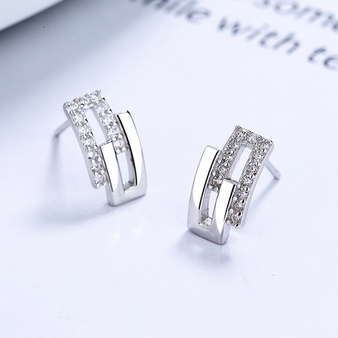 Orecchini a Bottone a Doppio Rettangolo Geometrico Perno in Argento Sterling 925 Stile Francese Strass Intarsiato Oro Argento