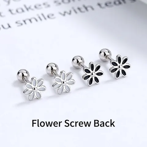 Boucles d'Oreilles Clous en Argent Sterling S925 Marguerite Tournesol pour Femmes Minimaliste Émail Noir Blanc Vis Arrière Bijoux