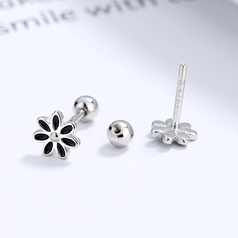 Boucles d'Oreilles Clous en Argent Sterling S925 Marguerite Tournesol pour Femmes Minimaliste Émail Noir Blanc Vis Arrière Bijoux