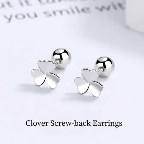 925 Sterling Silver Clover Screw Back Stud Earrings Simple Flower Heart Petal Piercing Jewelry For Women Daily Accessory