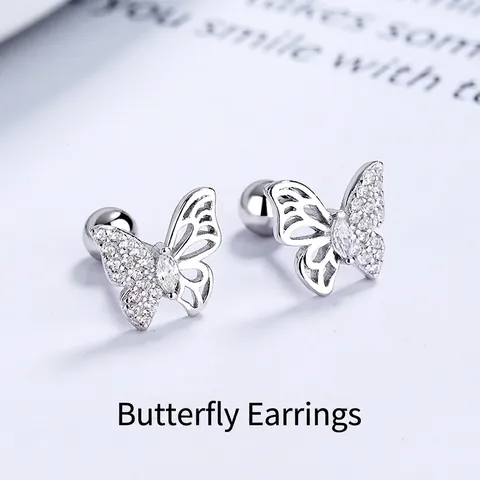 Pendientes de Botón de Mariposa de Plata de Ley 925 para Mujer Circonia Incrustada Elegante Cierre de Rosca Joyería