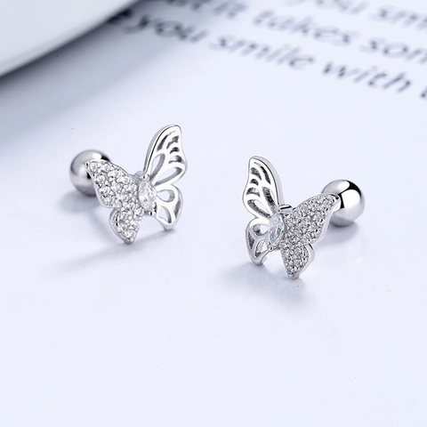 Pendientes de Botón de Mariposa de Plata de Ley 925 para Mujer Circonia Incrustada Elegante Cierre de Rosca Joyería