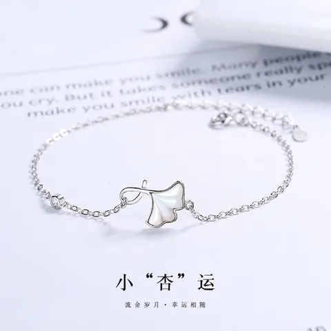 Bracciale S925 Argento Sterling Foglia di Ginkgo per Donna Intarsio in Perla Artificiale Bianca Strass Gioielli Minimalisti