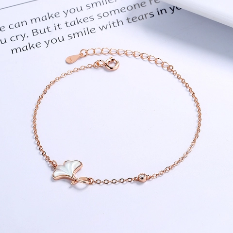 Bracciale S925 Argento Sterling Foglia di Ginkgo per Donna Intarsio in Perla Artificiale Bianca Strass Gioielli Minimalisti
