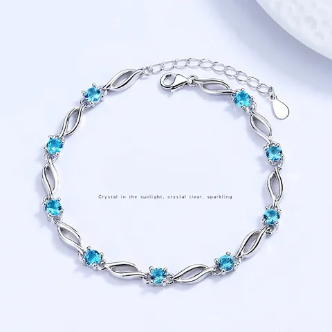 Elegant 925 Sterling Silver Blue Rhinestone Bracelet For Women Minimalist Wave Hollow Design Inlaid Jewelry Adjust Length Gift
