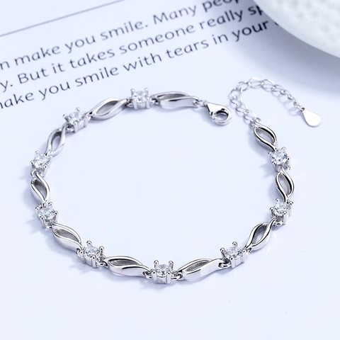 Elegant 925 Sterling Silver Blue Rhinestone Bracelet For Women Minimalist Wave Hollow Design Inlaid Jewelry Adjust Length Gift