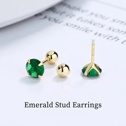 925 Sterling Silver Emerald Green Rhinestone Stud Earrings For Women Simple Four-Prong Zirconia Screw Back Stud Jewelry