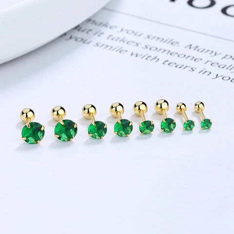 925 Sterling Silver Emerald Green Rhinestone Stud Earrings For Women Simple Four-Prong Zirconia Screw Back Stud Jewelry