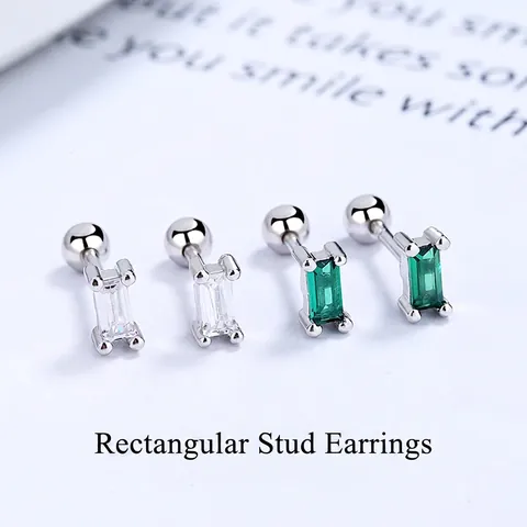 Orecchini a Bottone in Argento Sterling 925 Rettangolare Zirconia per Donna Minimalista Verde Smeraldo Bianco Pietra Vite Chiusura Gioielli