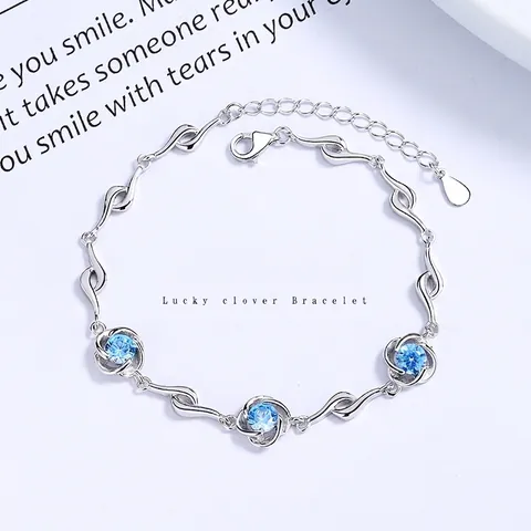925 Sterling Silver Four Leaf Clover Flower Bracelet For Women Sparkling Rhinestone Heart Adjustable Chain Fashion Jewelry