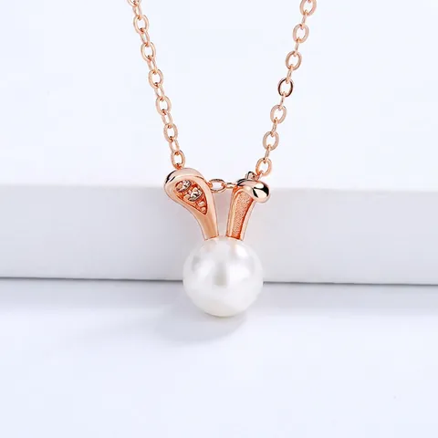 925 Sterling Silver Cute Rabbit Pendant Necklace Artificial Pearl Rhinestone Inlaid Sweet Bunny Animal Jewelry For Women