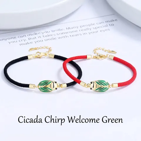 Bracciale in Corda Intrecciata con Ciondolo a Cicala in Argento Sterling 925 per Uomo Donna Gioielli per Coppia Insetto in Smalto Regolabile Regalo Portafortuna