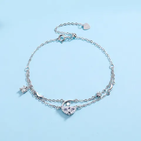 Bracciale a Doppio Strato in Argento Sterling 925 per Donna Con Ciondoli a Luna Stella e Strass Gioielli Minimalisti Eleganti