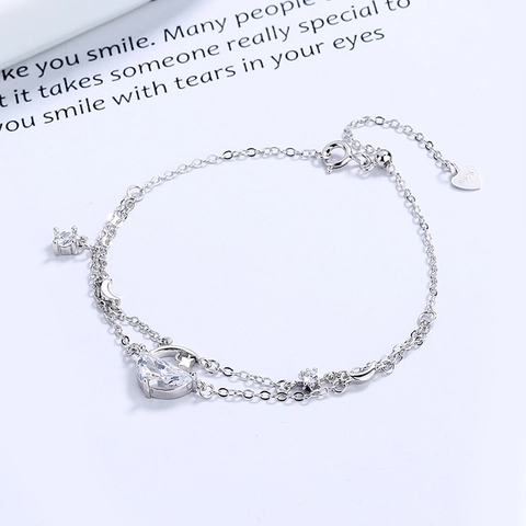 Bracciale a Doppio Strato in Argento Sterling 925 per Donna Con Ciondoli a Luna Stella e Strass Gioielli Minimalisti Eleganti