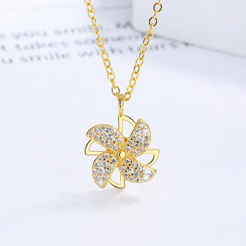 925 Sterling Silver Rotating Windmill Necklace For Women Shiny Rhinestone Inlaid Double Layer Pendant Dainty Jewelry Accessory