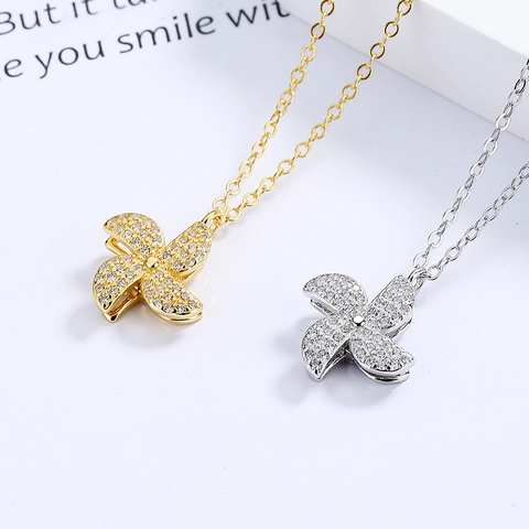 925 Sterling Silver Rotating Windmill Necklace For Women Shiny Rhinestone Inlaid Double Layer Pendant Dainty Jewelry Accessory