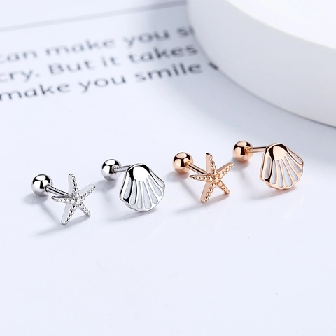 925 Sterling Zilveren Asymmetrische Zeester Schelp Oorbellen Met Schroefsluiting Minimalistische Kraakbeen Oorknopjes Roségoud Zilver Emaille Marine Sieraden