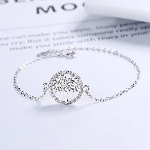 Bracciale Albero della Vita in Argento Sterling 925 per Donna Minimalista Foglia Cava Strass Pavé Catena Regolabile Braccialetto Cavigliera Gioielli