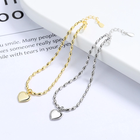 Minimalist 925 Sterling Silver Heart Pendant Bracelet For Women Rice Bead Chain Adjustable Platinum Gold Plated Jewelry