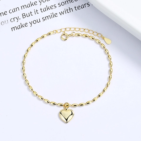 Minimalist 925 Sterling Silver Heart Pendant Bracelet For Women Rice Bead Chain Adjustable Platinum Gold Plated Jewelry