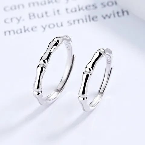 925 Sterling Silver Bamboo Joint Adjustable Open Ring Set For Women Men Minimalist Couple Finger Ring Fashion Jewelry