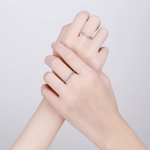 925 Sterling Silver Bamboo Joint Adjustable Open Ring Set For Women Men Minimalist Couple Finger Ring Fashion Jewelry